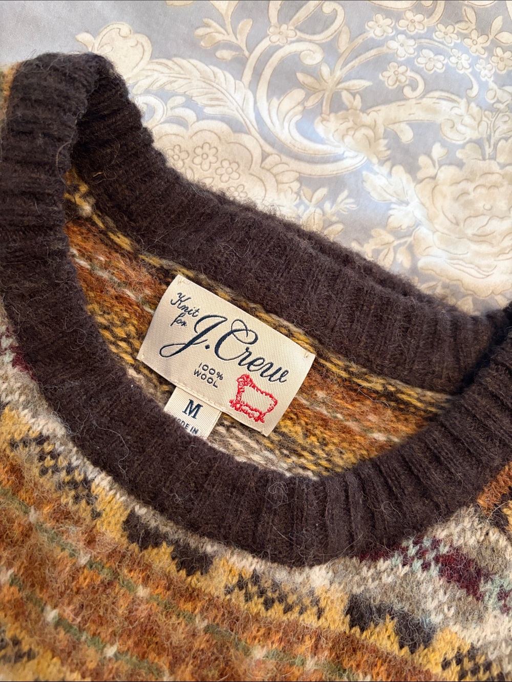 J. Crew Men's Fair Isle Crewneck 100% Wool Sweater in Brown / Cream Sz. Medium - Picture 2 of 6